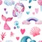 Seamless pattern, baby background with mermaids and cat-unicorn, watercolor drawing