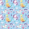 Seamless pattern, baby background with mermaids and cat, watercolor drawing