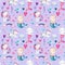 Seamless pattern, baby background with pony, mermaids and cat, bubbles, watercolor drawing