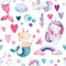 Seamless pattern, baby background with pony, mermaids and cat, bubbles, watercolor drawing