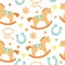 Seamless pattern baby cowboy with western decorative elements. Wild West birthday cowboy rocking horses and horseshoes. Vector