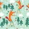 Seamless pattern baby fashion. Red foxes walk in the fairy forest and forest glade. Background for a child`s room, books, fabrics,