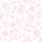 Seamless pattern baby food, pastel color, vector illustration. Infant feeding thin line icons. Cute repeated pink texture, baby it