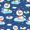 Seamless pattern with baby seals floating on an ice floe. Vector