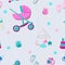 Seamless pattern with babyish attributes such as carriage, diaper, footprints, toys, milk bottle and soother