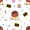 Seamless pattern back to school. Dark-skinned happy schoolgirl, school education items and stationery in flat cartoon