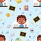 Seamless pattern back to school. Dark-skinned pensive boy, school education items and stationery in flat cartoon style