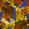 Seamless pattern background of blue wine grapes with leaves and branches on gold