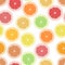 Seamless pattern background citrus. Wallpaper fruit. Vector tropical delicious. Sliced of lemon, orange and grapefruit.