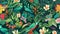Seamless pattern background influenced by the organic forms and vibrant colors of tropical rainforests with colourful birds and