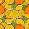 Seamless pattern and background of juicy oranges and green leaves.