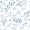 Seamless pattern, background, texture print with light watercolor hand drawn blue color dusty leaves, fern greenery forest