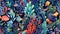 Seamless pattern background of underwater ecosystems and marine life with coral reefs and graceful sea creatures like tropical