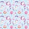 Seamless pattern, background with unicorn cat, pony, cloud, rainbow and sweets watercolor drawing