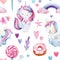 Seamless pattern, background with unicorn cat, pony, cloud, rainbow and sweets watercolor drawing