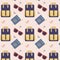 Seamless pattern with backpack, sunglasses, passport, plane ticket, and paper planes