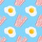 Seamless pattern with bacon strips and fried eggs. Vector texture.