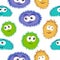Seamless pattern bacteria with colorful monster face. Vector background with cartoon funny germs