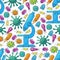Seamless pattern bacteria and microbes. Search for viruses, microscope. Cartoon microbes