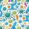Seamless pattern bacteria, microbes. Search for viruses, microscope. Cartoon microbes in hand draw style