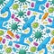 Seamless pattern bacteria and microbes. Search for viruses, microscope. Cartoon microbes in hand draw style. Coronavirus