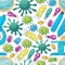 Seamless pattern bacteria and microbes. Search for viruses, microscope, magnifier. Cartoon microbes in hand draw style