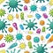 Seamless pattern with bacteria and viruses. Set of cartoon elements. Coronavirus, microorganisms