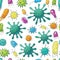 Seamless pattern with bacteria and viruses. Vector design elements. Set of cartoon microbes. Coronavirus, bacteria