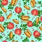 Seamless pattern with baked potatoes, tomato and parsley. Vegan background