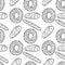 Seamless pattern with bakery products bread and ring shape pastry bun. Hand drawn vector sketch illustration in doodle engraved