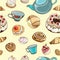 Seamless pattern with baking, pastries, cakes, tea