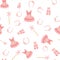 Seamless pattern of ballerina accessories including dress, dance shoes, headband, and magic wand on a white background
