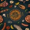 Seamless pattern barbecue grill. Top view charcoal, sausage, fish, steak.