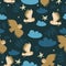 Seamless pattern with barn owls, stars and clouds. Vector graphics