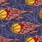 Seamless pattern with basketball balls and flames.