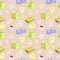 Seamless pattern with bath soaps, bombs, flowers