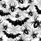 Seamless pattern with bats and spiders. Halloween vector illustration. Black and white.