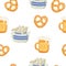 seamless pattern with bavarian pretzel,beer and sausages.