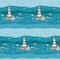 Seamless pattern with beacon in waves and seagulls in sky. Marine vector stock illustration. Cartoon blue ocean water, lighthouse