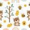 Seamless pattern Bear bees honey vector illustration. Pink and blue trees cloud rainbow
