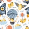 Seamless pattern bear flying on an airplane, air balloon, rocket, clouds, handmade wings. Cute cartoon teddy. Vector illustration