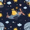 Seamless pattern bear flying on an airplane, hot air balloon. Cute cartoon Teddy bear flying in the night sky. Vector illustration