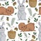 Seamless pattern with bear, rabbit, basket, fern and acorn.