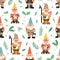 Seamless pattern with bearded gnomes, dwarfs, elves, plants, leaves and colorful dots on white background. Endless