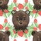 Seamless pattern with bears and raspberry. Summer background.