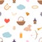 Seamless Pattern with Beautiful Angelic Items. Dove, Clouds, Harp, Basket with Easter Eggs, Lantern, Candle, Bell, Bow