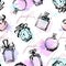 Seamless pattern with beautiful bottles of perfume. Women`s perfume. Vector