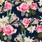 Seamless pattern. Beautiful fabric blooming realistic flowers. Vintage background.