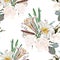 Seamless pattern. Beautiful fabric blooming realistic flowers. Vintage white background.