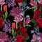 Seamless pattern. Beautiful fabric blooming realistic isolated flowers. Vintage red violet background.